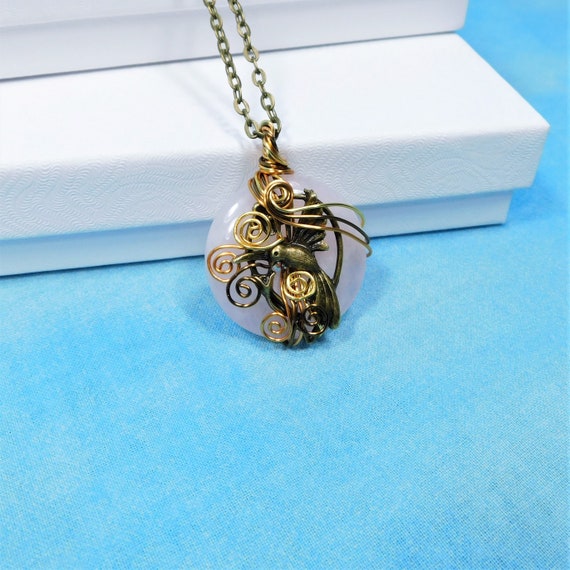 Wire Wrapped Rose Quartz Pendant, Artisan Crafted Hummingbird Necklace, Wearable Art Memorial Jewelry Bereavement Present or Sympathy Gift