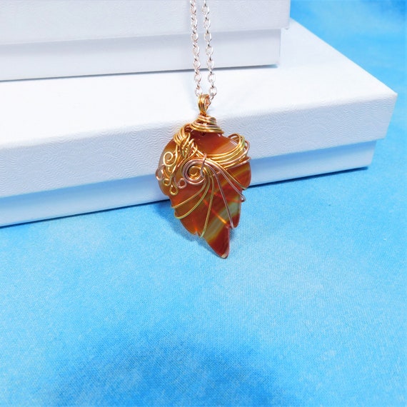 Artistic Wire Wrapped Carnelian Necklace, Artisan Crafted Carved Gemstone Leaf Pendant, Wearable Art Jewelry Present for 17th Anniversary