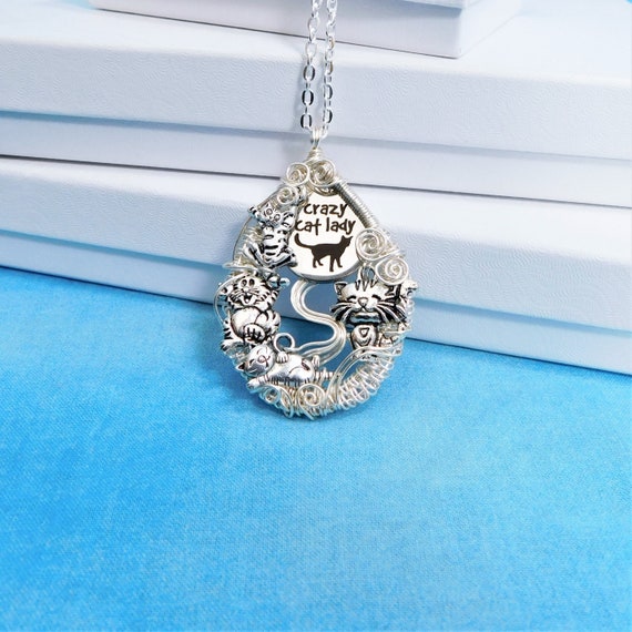 Crazy Cat Lady Necklace Cat Theme Jewelry, Humorous Artistic Cat Pendant, Kitty Theme Present for Pet Lover, Gift for Women Who Love Cats