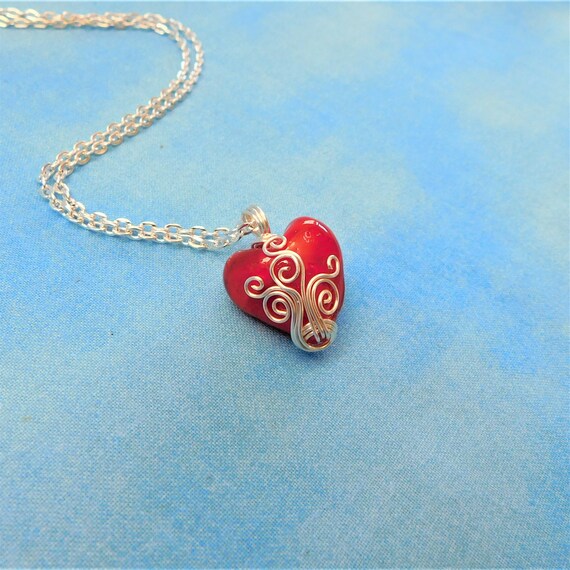 Wire Wrapped Red Heart Necklace, Artistic Handcrafted Valentine Pendant, Artisan Crafted Wearable Art Jewelry Anniversary Gift for Wife