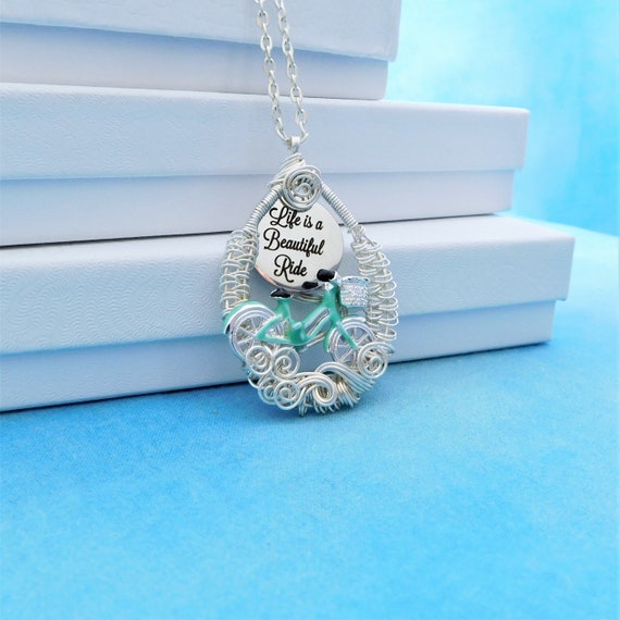 Artistic Cyclist Necklace Bicycle Theme Jewelry, Life is a Beautiful Ride Bike Pendant, Gift for Wife Girlfriend or Mom who Loves Bicycles