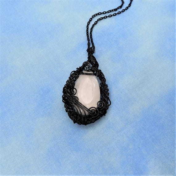 Woven Wire Wrapped White Agate Stone Necklace Gemstone Jewelry, Black and White Pendant Present or Anniversary Gift for Wife or Girlfriend