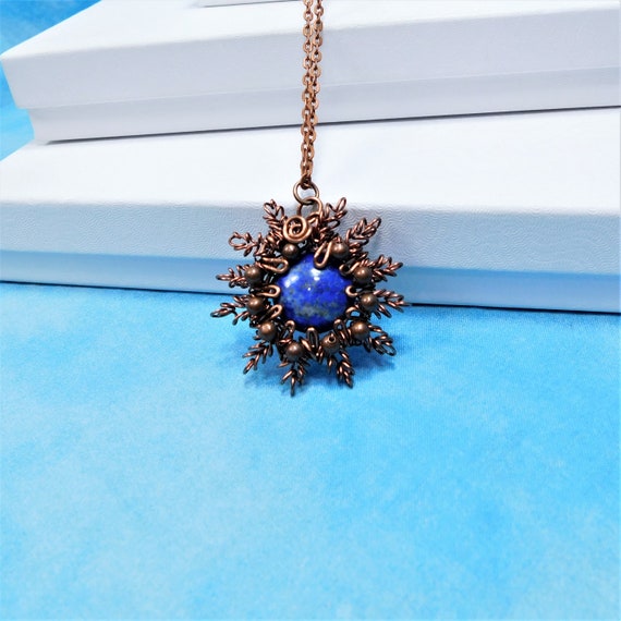 Lapis Lazuli Necklace, Artisan Crafted Flower Gemstone and Copper Statement Jewelry, Unique Wire Wrapped Artistic Handmade Present for Women