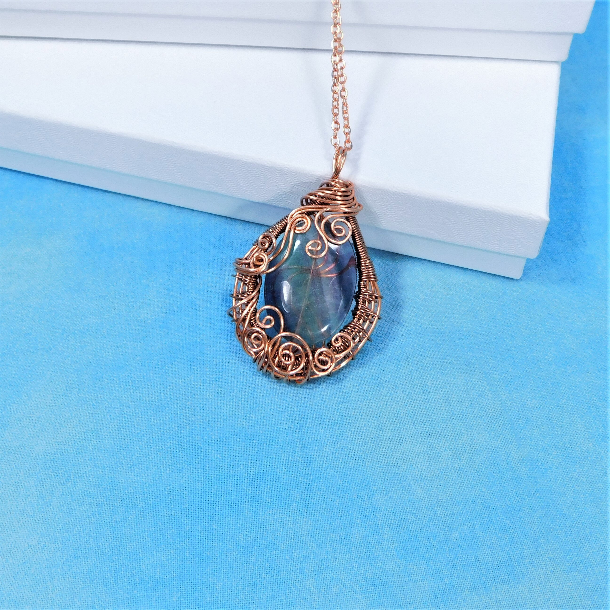 Wire Wrapped Fluorite Pendant, Artisan Crafted Woven Copper Necklace