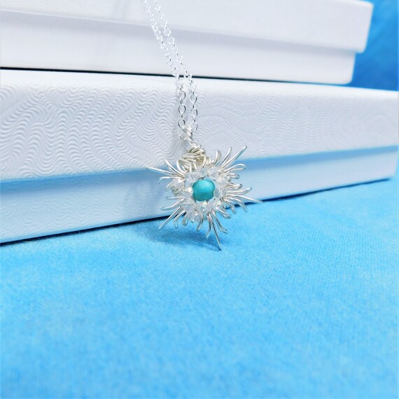 Sculpted Wire Star Necklace with Turquoise, Artistic Flower Jewelry,  Wearable Art Pendant, Artistic Snowflake with December Birthstone