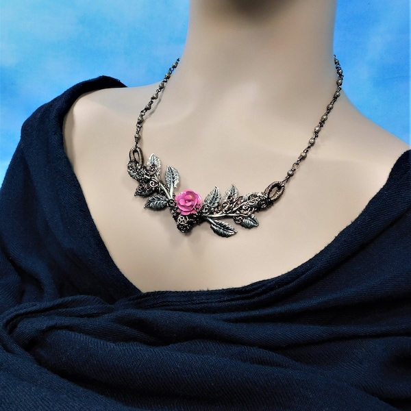 Wire Wrapped Sculpted Copper Rose Statement Necklace, Artistic Handmade Flower Bib Necklace, Romantic Jewelry Present for Wife or Girlfriend