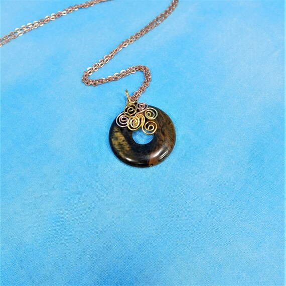 Copper Wire Wrapped Tiger Eye Pendant, Gemstone Necklace Christmas Gift, Artistic Jewelry for Birthday Present or Anniversary Gift for Wife