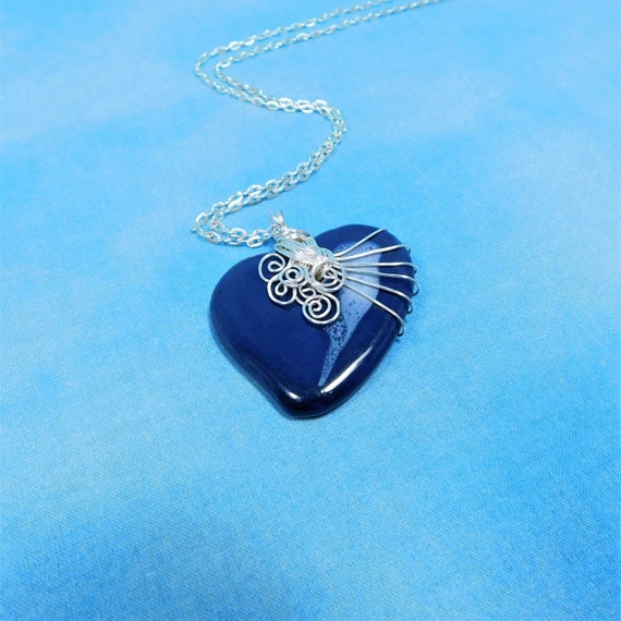 Wire Wrapped Blue Ceramic Heart Necklace, Heart Pendant Anniversary Present for Wife, Artisan Jewelry Gift for Sweetheart or Girlfriend