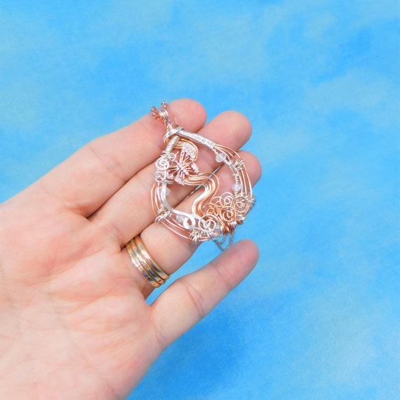 Cubic Zirconia and Rose Gold Copper Wire Wrapped Butterfly Pendant, Artistic Woven Natural Copper Necklace, Unique Wearable Art Jewelry