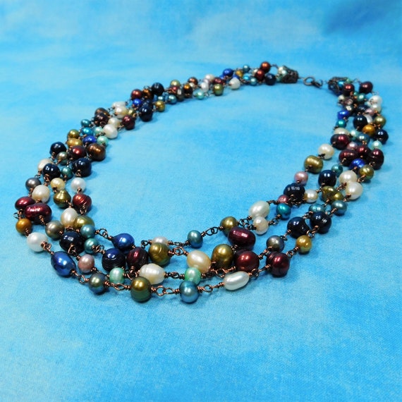 Wire Wrapped 4 Strand Real Pearl Necklace, Beaded Link Genuine Freshwater Pearl Multi Strand Necklace June Birthstone or 30 Anniversary Gift