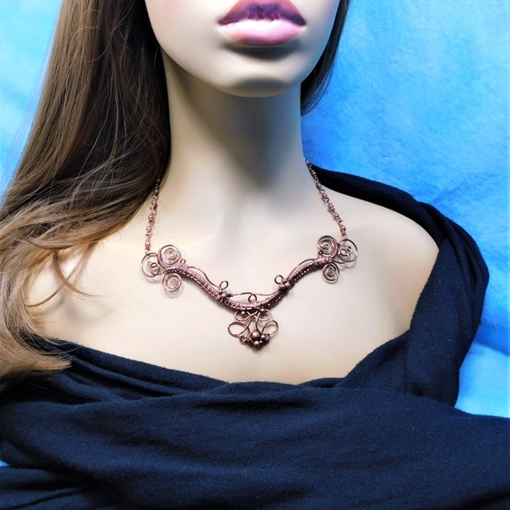 Artistic Copper Wire Wrapped Bib Necklace, Artisan Crafted Statement Piece, Sculpted Wearable Art Jewelry Present for Women