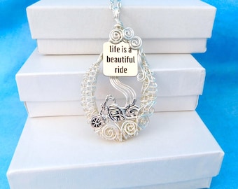 Life is a Beautiful Ride Necklace Unique Biker Chick Motorcycle Gifts for Women, Wire Wrapped Wearable Art Jewelry Present for Girlfriend