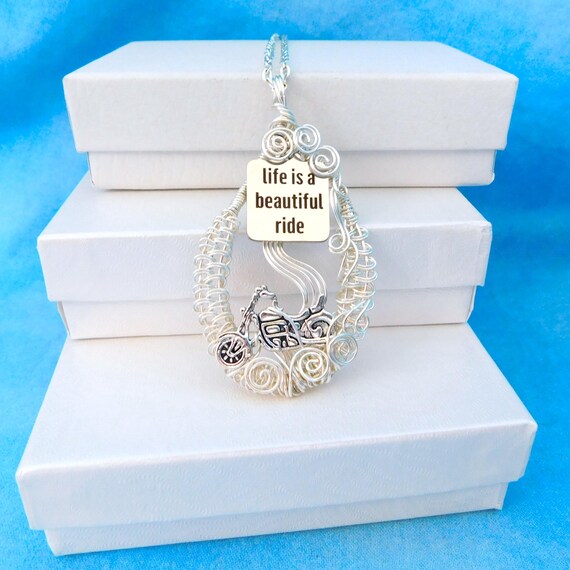 Life is a Beautiful Ride Necklace Unique Biker Chick Motorcycle Gifts for Women, Wire Wrapped Wearable Art Jewelry Present for Girlfriend