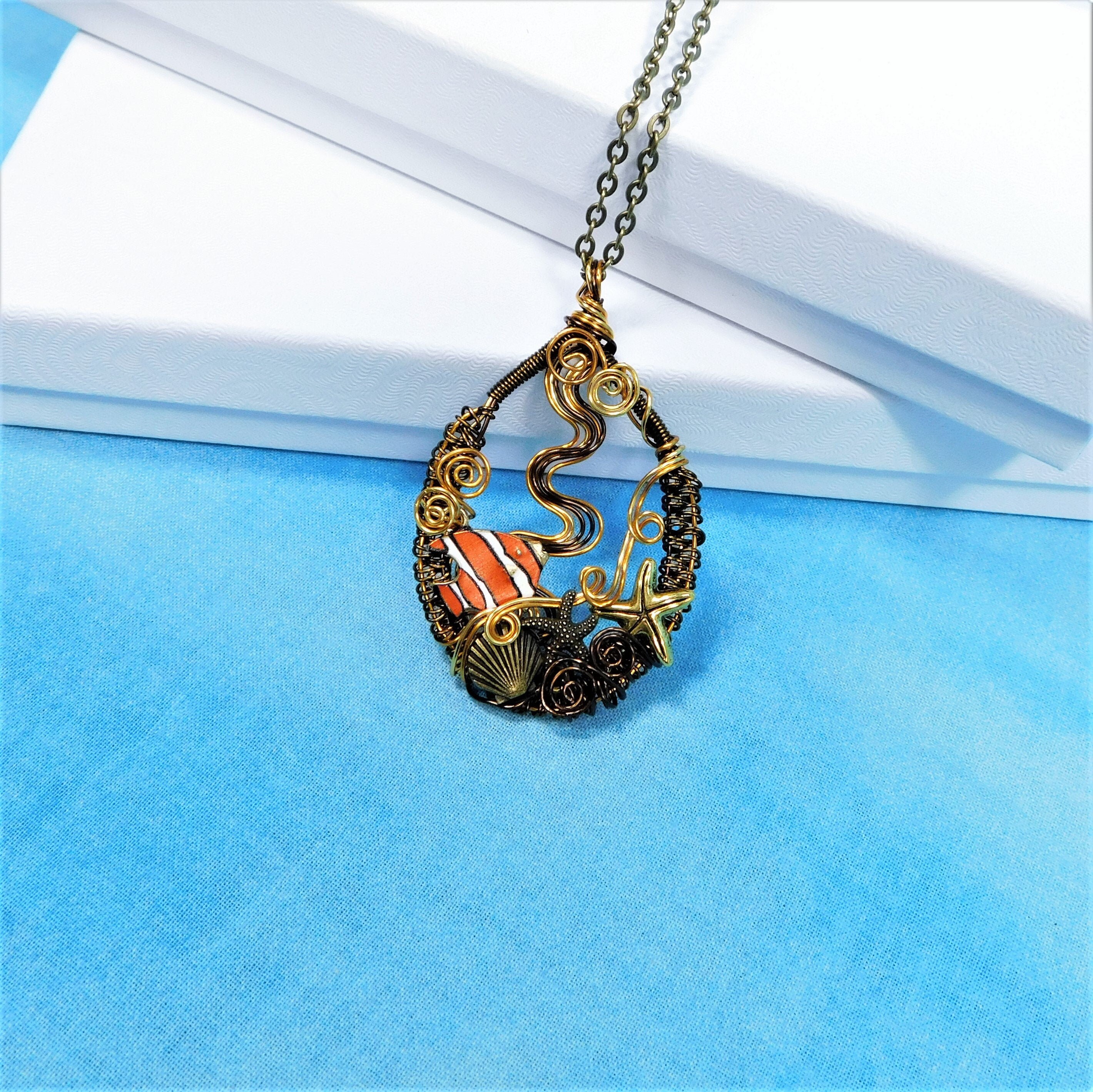 Fish Necklace Ocean Theme Pendant, Woven Wire Wrapped Artistic Beach