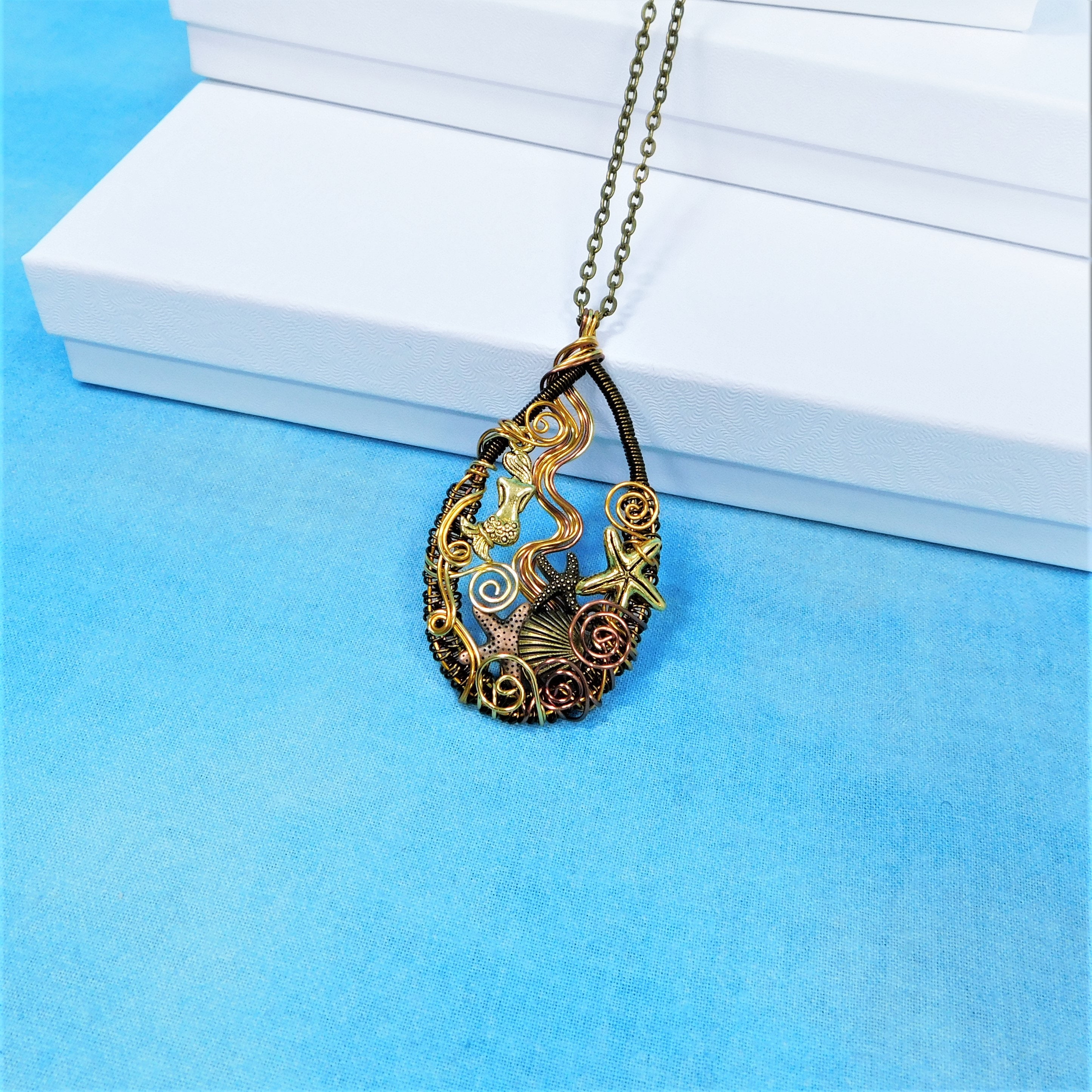 Mermaid Necklace Beach Theme Jewelry Woven Wire Ocean Pendant Unique
