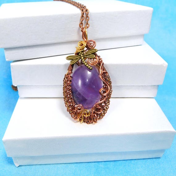 Wire Wrapped Amethyst Pendant, Artisan Crafted Dragonfly Jewelry, Artistic February Birthstone Necklace Birthday Present or Sympathy Gift