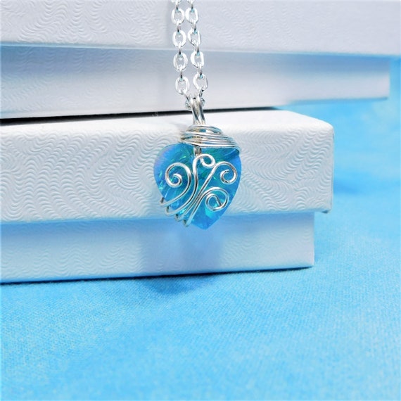 Unique Wire Wrapped Blue Crystal Heart Necklace, Artisan Crafted Handmade Jewelry, Wearable Art Heart Pendant Romantic Present for Wife