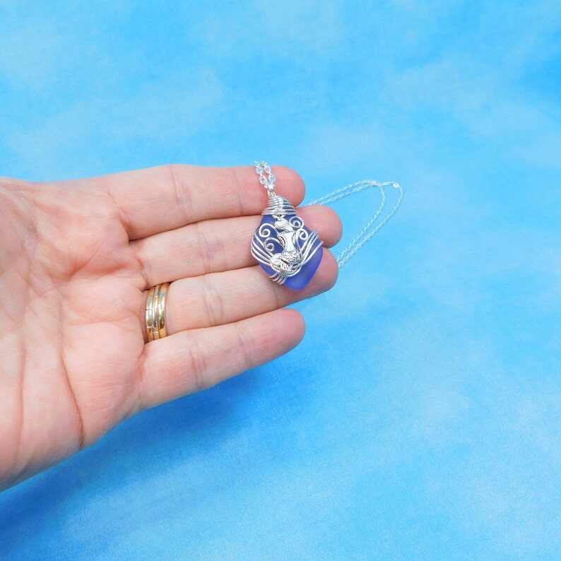 Wire Wrapped Ocean Pendant Birthday Present for Mom or Wife or Best Friend Gift for Her Mermaid Necklace Beach Theme Blue Sea Glass Jewelry