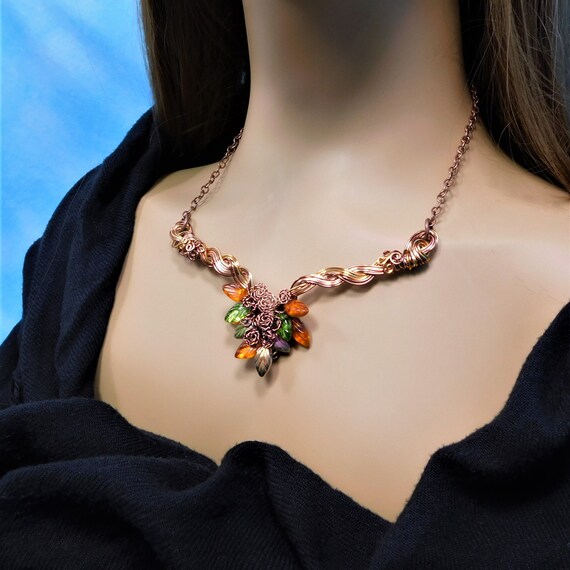 Copper Wire Wrapped Fire Polished Autumn Leaf Bib Necklace Statement Jewelry, One of a Kind Wearable Art 7th Anniversary Present for Women