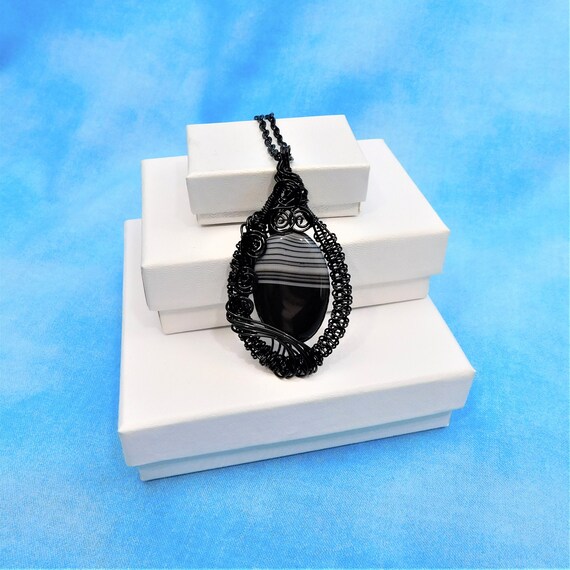 Unique Wire Wrapped Banded Black Onyx Necklace, Handmade Gemstone Pendant, Artisan Jewelry Present for Wife, Mom, or Mother in Law Gift