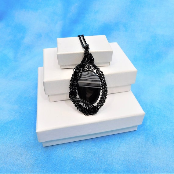 Unique Wire Wrapped Banded Black Onyx Necklace, Handmade Gemstone Pendant, Artisan Jewelry Present for Wife, Mom, or Mother in Law Gift