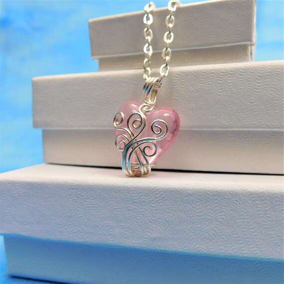 Small Pink Heart Necklace, Unique Artisan Crafted Wire Wrapped Heart Pendant, Wearable Art Jewelry Romantic Present for Girlfriend or Wife