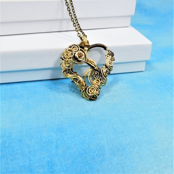 Copper Wire Wrapped Skeleton Key Necklace, Rustic Lock and Key Heart Pendant, Unique Artisan Crafted Woven Wire Jewelry Gift for Wife