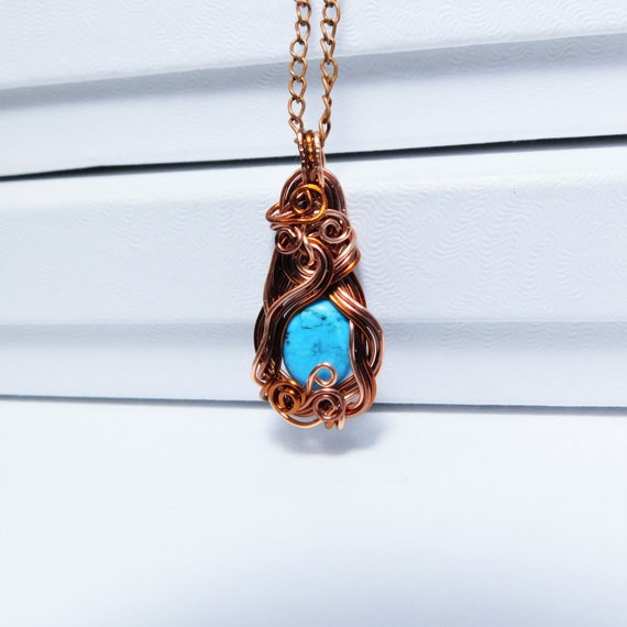 Turquoise Howlite Pendant, Copper Wire Wrapped Artistic Gemstone Necklace Unique 7th Anniversary Gift Jewelry for Wife or Girlfriend