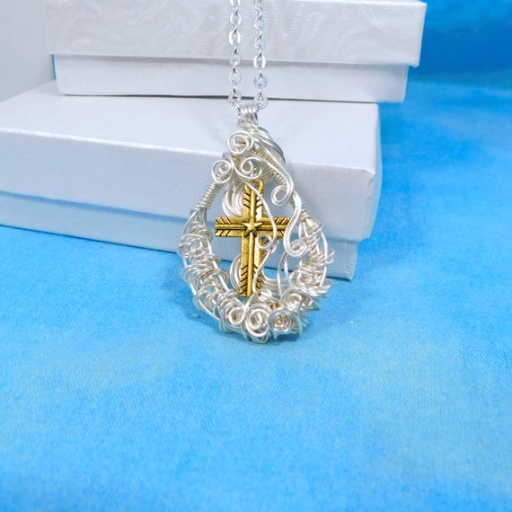 Wire Wrapped Cross Necklace: Artisan Silver Christian Pendant