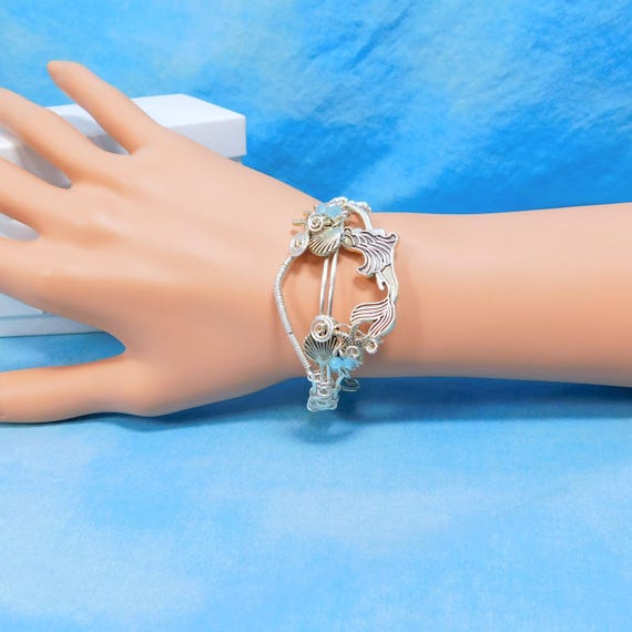 Artistic Woven Wire Cuff Bracelet with Mermaid and Turquoise Blue Crystals for Barbara