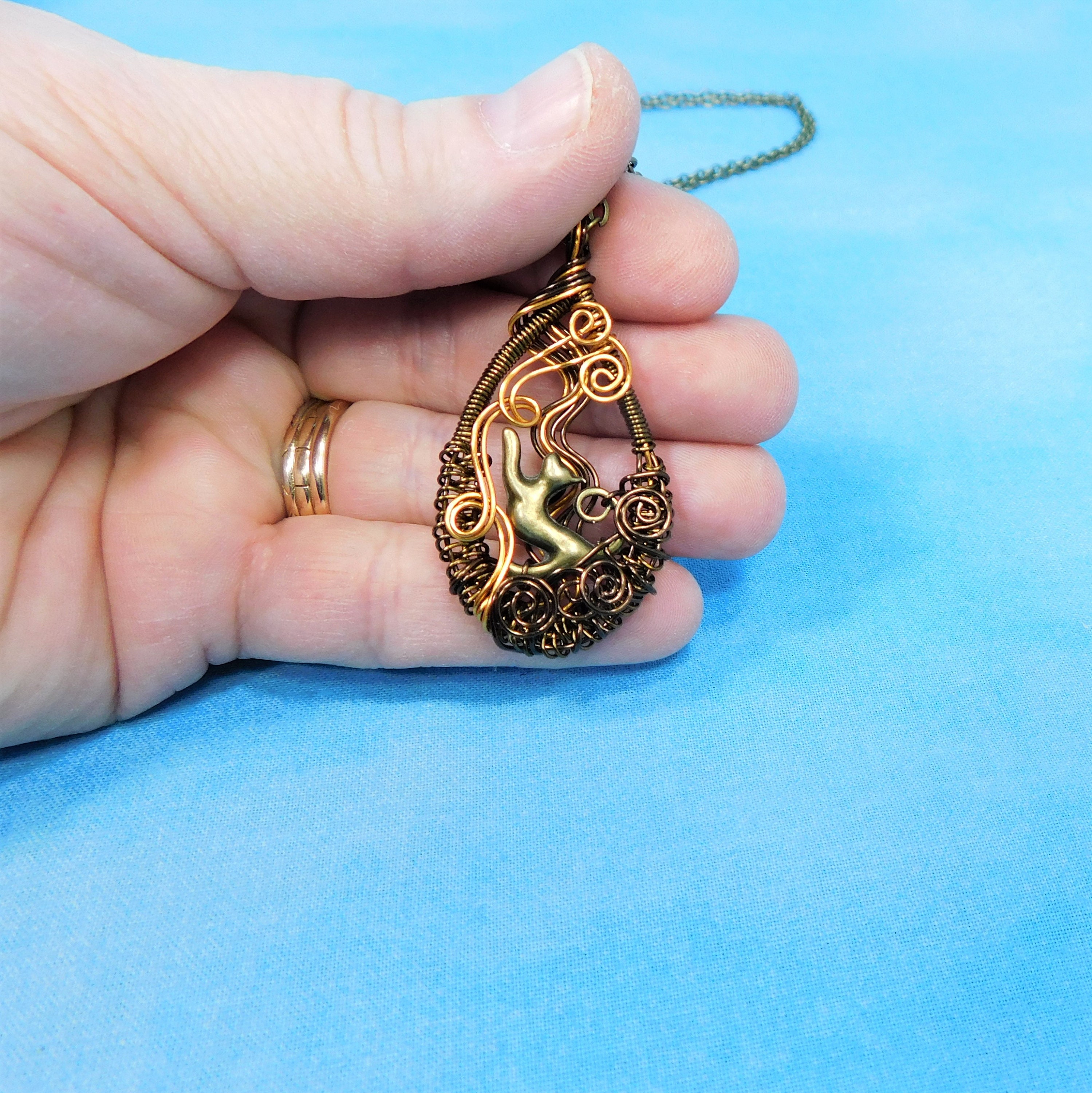 Artistic Cat Necklace, Unique Wire Wrapped Pet Theme Jewelry, Wearable