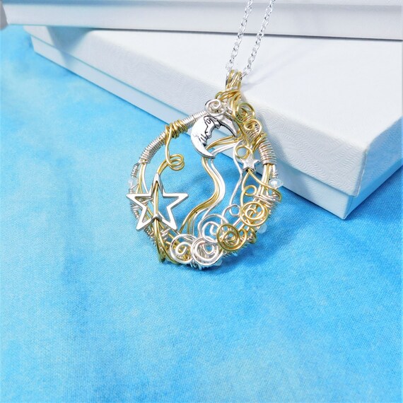 Unique Moon and Star Necklace, Artistic Wire Wrapped Celestial Theme Pendant Lunar Jewelry Present for Wife Girlfriend, Mom or Best Friend