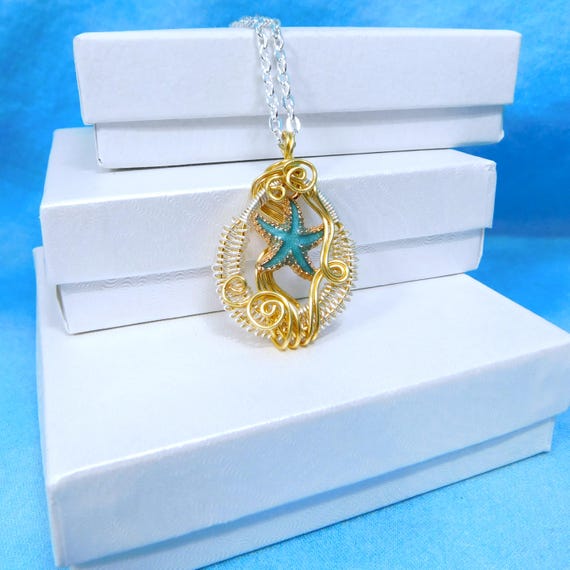 Artistic Starfish Necklace, Unique Artisan Crafted Beach Pendant, Wire Wrapped Sea Life Ocean Theme Jewelry, One of a Kind Wearable Art