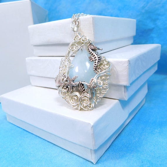 Wire Wrapped Aquamarine Pendant, Artistic March Birthstone Necklace, Gemstone Ocean Theme Wearable Art with Seahorse, Seashells and Starfish