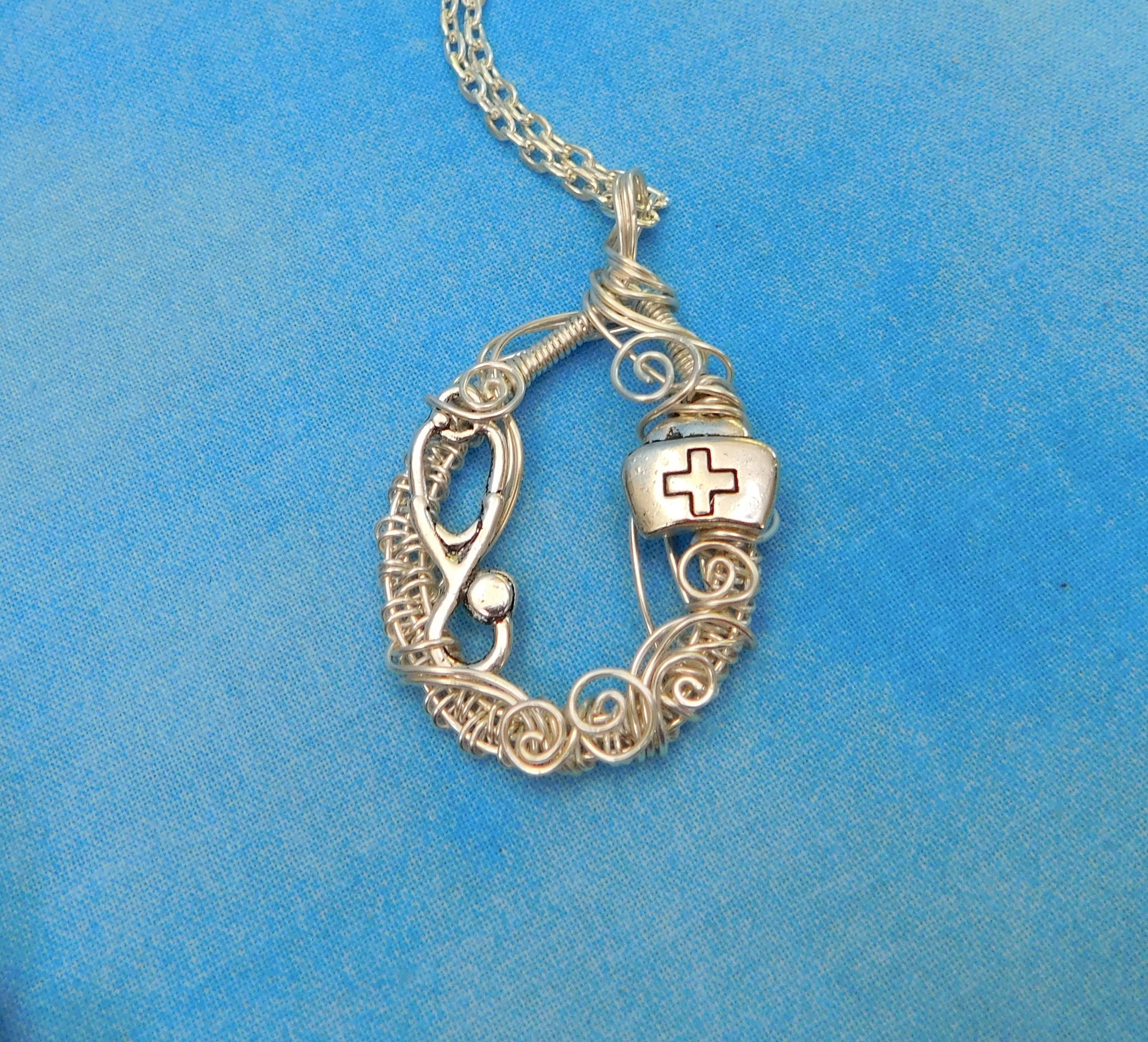 Unique Nurse Jewelry, Medical Theme Necklace, Wire Wrapped Pendant