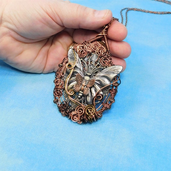 Large Woven Wire Wrapped Butterfly Statement Necklace, Artistic Copper Butterfly Pendant, Handmade Wearable Art Jewelry Birthday Present