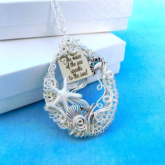 Seashell Necklace "Voice of the Sea Speaks to Soul"  Ocean Theme Wearable Art Beach Pendant, Unique Wire Wrapped Jewelry Beach Lover Gift