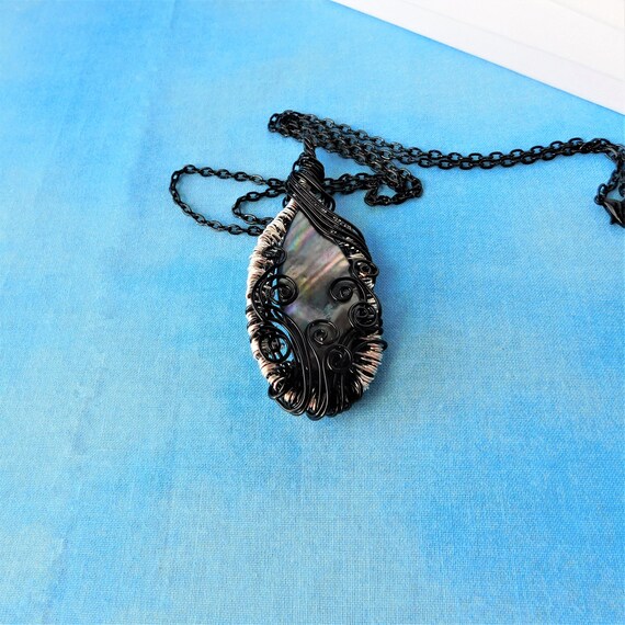 Unique Artistic Wire Wrapped Black Lip Shell Pendant, Artisan Crafted Large Shell Necklace, Handmade Wearable Art Statement Jewelry Present