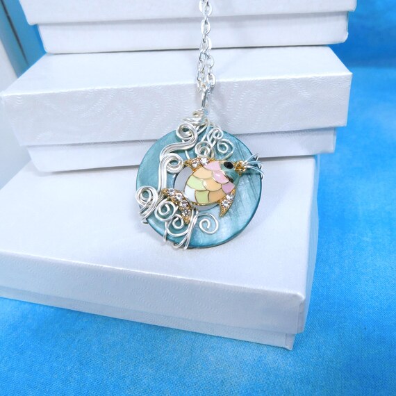 Colorful Swimming Fish Statement Pendant, Fun Artistic Beach Jewelry, Unique Wire Wrapped Whimsical Ocean Theme Wearable Art Necklace Gift