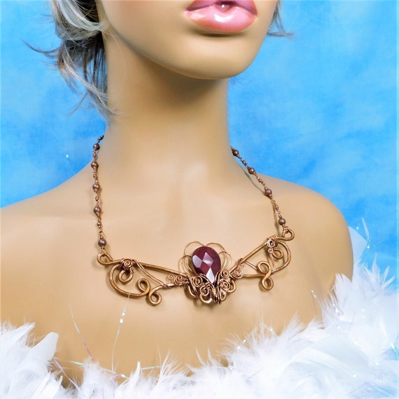 Artistic Red Jade Bib Style Statement Necklace, Unique Wire Wrapped Sculpted Copper Jewelry, Artisan Crafted Handmade Gemstone Wearable Art