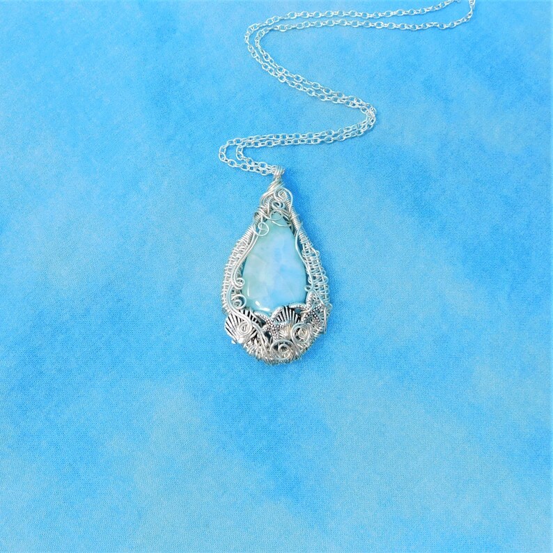 Woven Wire Wrapped Larimar Pendant Gemstone Necklace With Etsy