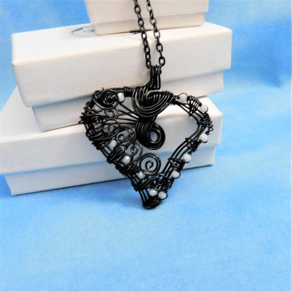 Artistic Woven Wire Black Heart Necklace, Wire Wrapped Black Heart Pendant, Wearable Art Jewelry Anniversary Present for Wife or Girlfriend