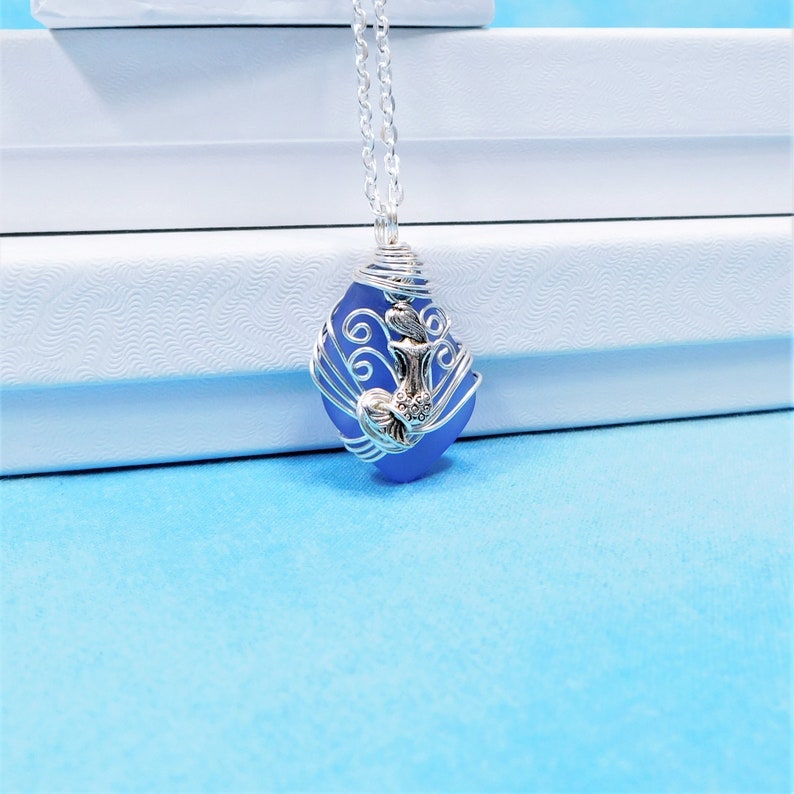 Wire Wrapped Ocean Pendant Birthday Present for Mom or Wife or Best Friend Gift for Her Mermaid Necklace Beach Theme Blue Sea Glass Jewelry