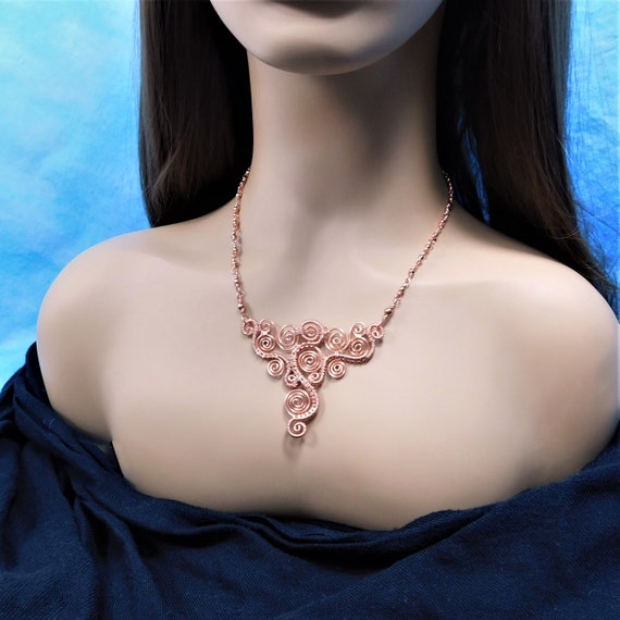 Sculpted and Woven Wire Scroll Work Bib Style Statement Necklace in Bright Copper / Rose Gold 7th Anniversary Gift for Wife or Girlfriend