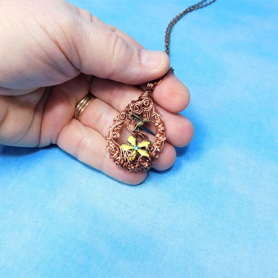 Woven Wire Wrapped Hummingbird Necklace, Artisan Crafted Bird Theme Pendant, Wearable Art Jewelry Bereavement Present or Sympathy Gift