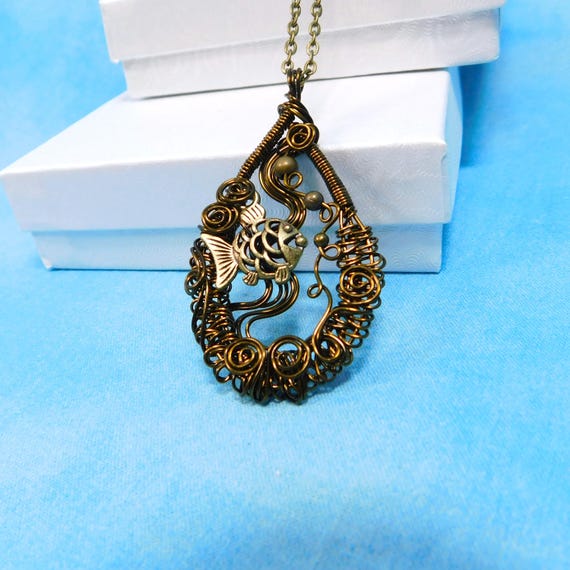 Artistic Fish Necklace Beach Jewelry, Woven Wire Nautical Pendant, Artisan Crafted Aquatic Theme Sea Wildlife Jewelry for Beach Lover Gift