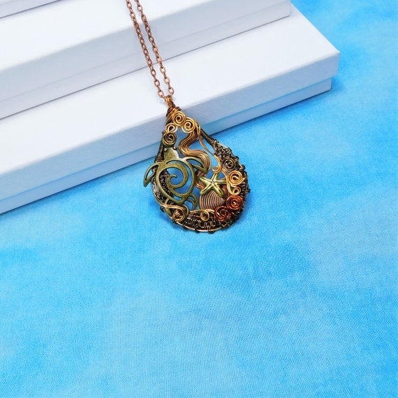 Woven Copper Sea Turtle Necklace, Artistic Handmade Wire Wrapped Pendant, Ocean Beach Marine Life Theme Wearable Art Jewelry for Women