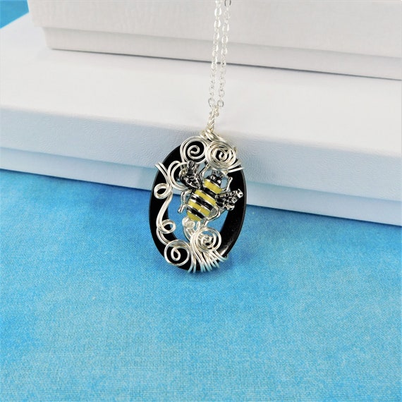 Artistic Bee Necklace, Wire Wrapped Wearable Art Honeybee Pendant, Bumble Bee Jewelry Present for Women Beekeeper Mom, Wife or Girlfriend