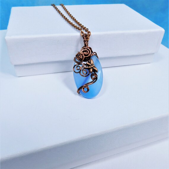 Copper Dragonfly Necklace, Wire Wrapped Blue Agate Pendant, Gemstone Wearable Art Memorial Jewelry Bereavement Present Sympathy Gift