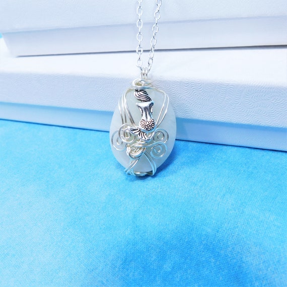 Wire Wrapped Aquamarine Pendant March Birthstone Mermaid Necklace, Gemstone Jewelry Birthday Present for Wife, Girlfriend or Best Friend